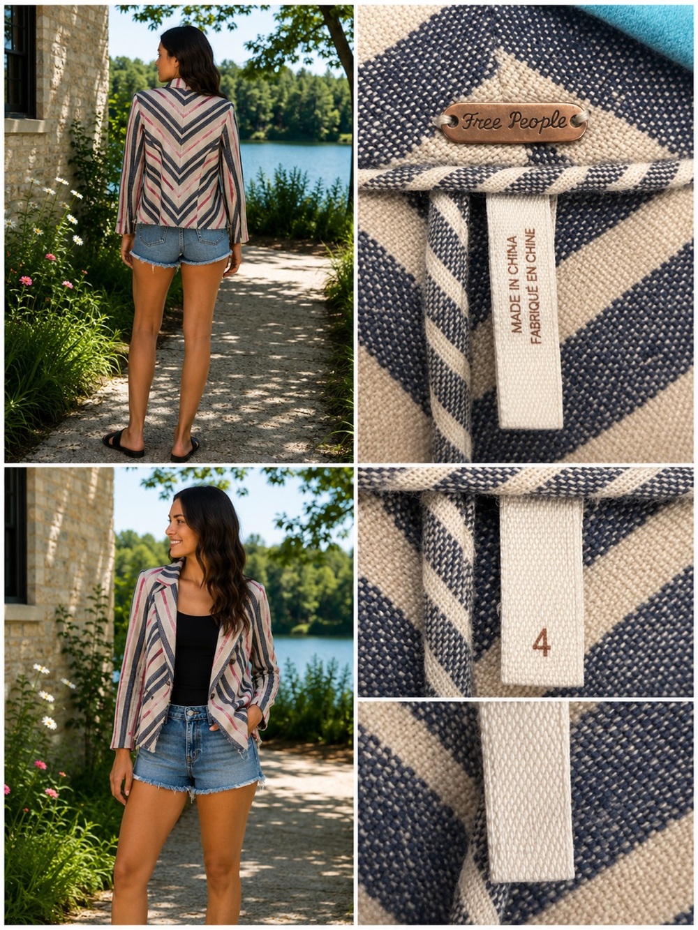 Free People Striped Open-Front Cardigan Blazer - Pink, Navy & Cream - Picture 3 of 7